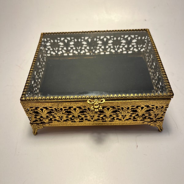Gold Filigree Decorative Box with Glass Top