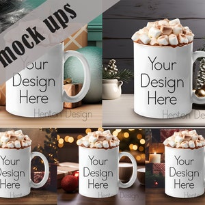 Christmas Mug Mock Up Bundle - Plain White Mug With Marshmallows - Christmas Them Background - Sublimation Mug - Digital Download File - PNG