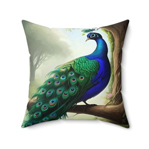 Enchanting Peacock Perched: Spun Polyester Square Pillow by Fortun8Wear– Nature-Inspired Home Decor Accent