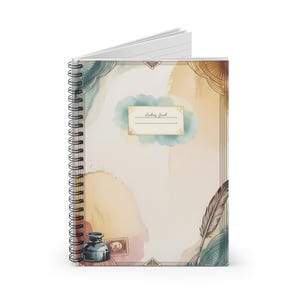 May include: Spiral-bound notebook with a watercolor design. The cover features a label with the text "Audrey Jacob", a feather, inkwell, and stamp. The background has pastel colors of blue, yellow, and brown.