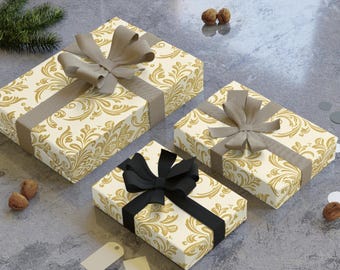 Gold Damask Gift Wrap Roll, Elegant Holiday & Wedding Wrapping Paper