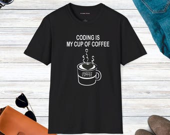 コーディングコーヒーTシャツ｜面白いプログラマー向けユニセックスTシャツ｜ソフトウェア開発者へのギフト