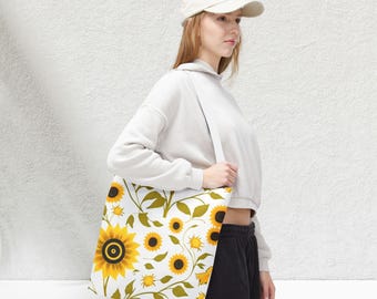 Sunflower Print Tote Bag | Yellow Floral Allover Botanical Carryall