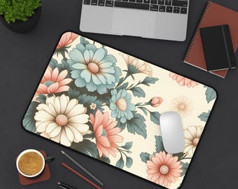 Pastel Flowers Thick Neoprene Desk Mat | Elegant Floral Workspace Accessory | Anti-Slip and Durable