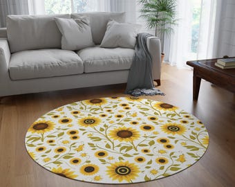 Sunflower Pattern Round Rug | Yellow Floral Circle Rug