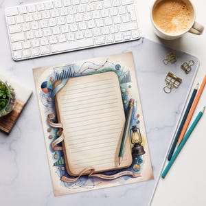 May include: A lined notepad with a vintage design featuring charts, graphs, and a lantern. A pencil rests on the notepad, and a ribbon displays the words "INNOVATION, REORGANIZATION, and MARATHON". The notepad is surrounded by a keyboard, coffee, and pencils.
