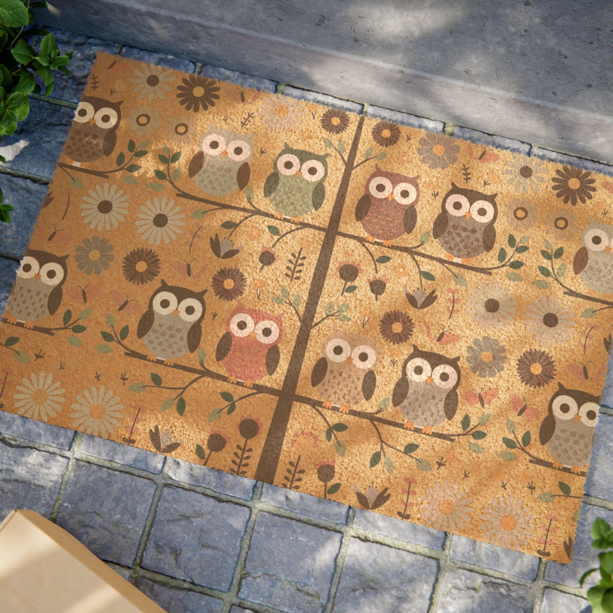Owl Doormat | Owls on Tree Welcome Mat | Outdoor Coir Door Mat | Woodland Entrance Mat | Nature Home