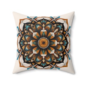 May include: A decorative cushion featuring a brown, blue and white mandala design. The mandala is intricate and detailed, with a central circle surrounded by layers of petals and geometric shapes.