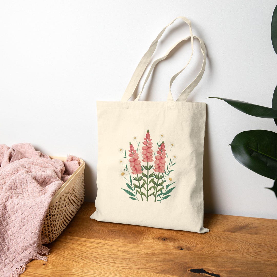 Floral Cotton Canvas Tote Bag: Pink White Flowers Botanical Shopping ...