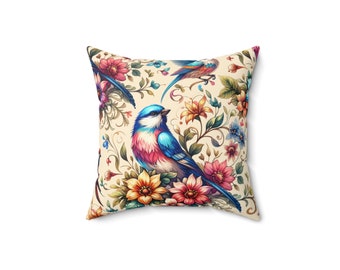 Birds & Blossoms Square Pillow | Decorative Polyester Throw Pillow