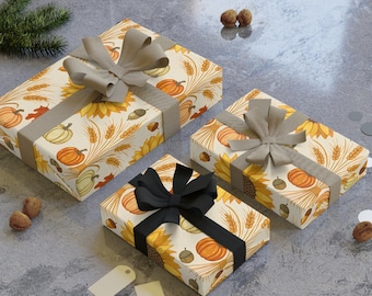 Sunflower & Pumpkin Fall Gift Wrap Roll, Autumn Harvest Wrapping Paper