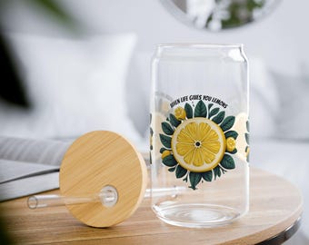 16oz Lemon Sipper Glass: Tempered Glass Drinkware with Citrus Design