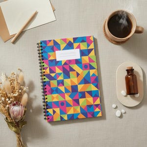 May include: A spiral-bound notebook with a colorful geometric pattern in blue, yellow, pink, and purple. The notebook has a white label and is next to a cup of coffee, a small bottle, and dried flowers.