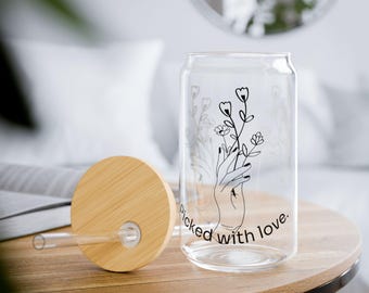 Wildflower Hand Sipper Glass 16oz | Tempered Glass with Lid