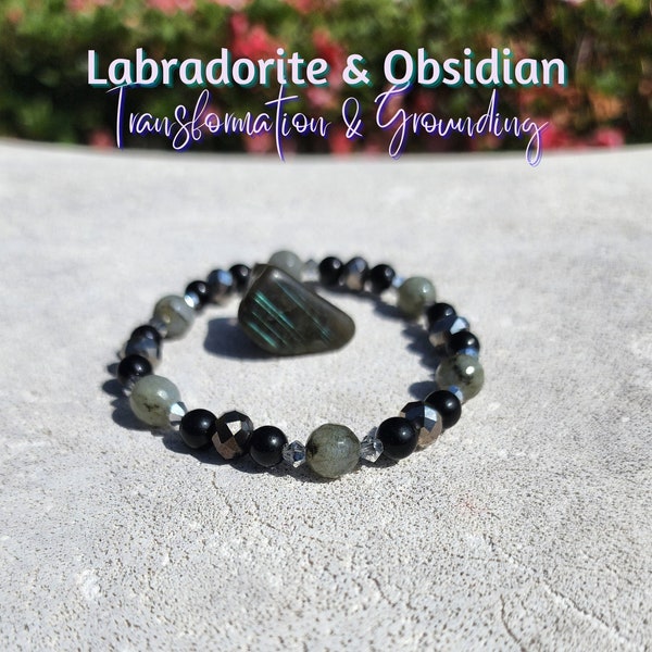 Labradorite & Obsidian Bracelet, Women's Stretch Bead Bracelet, Crystal Bead Bracelet, Holistic Jewelry