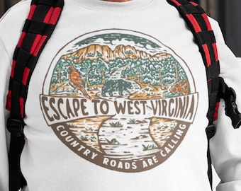Escape to West Virginia Adult Unisex Crewneck Sweatshirt, Available in 7 Colors. Show Off Your Pride in the Mountain State