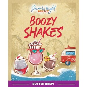 May include: A colorful illustration of three milkshakes with whipped cream and cherries. The milkshakes are labeled "Boozy Shakes" and "Butter Brew".