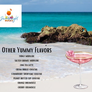 May include: A pink cocktail with a flower garnish in a martini glass. The text "OTHER YUMMY FLAVORS" is at the top of the image. The flavors listed are: FUDGY MUDSLIDE, SALTED CARAMEL MUDSLIDE, CHAI TEA LATTE, CREAM BRULEE COCKTAIL, STRAWBERRY SHORTCAKE COCKTAIL, PEANUT BUTTER CUP COCKTAIL, ORANGE DREAMSICLE, CHERRY CREAMSICLE.