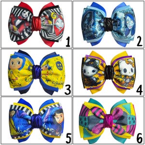 May include: Six colorful hair bows with various designs. The bows feature characters from "The Nightmare Before Christmas", "Coraline", and Hello Kitty. Each bow has a unique color scheme, including red, blue, yellow, and teal, with contrasting ribbon accents.