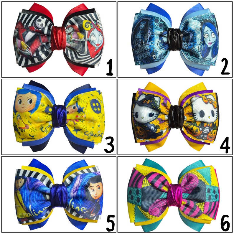 May include: Six colorful hair bows with various designs. The bows feature characters from "The Nightmare Before Christmas", "Coraline", and Hello Kitty. Each bow has a unique color scheme, including red, blue, yellow, and teal, with contrasting ribbon accents.