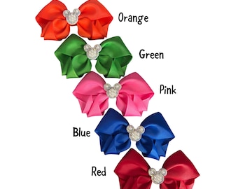 Boutique Hair Bow – Handmade Ribbon Bow with Rhinestone Mouse Center