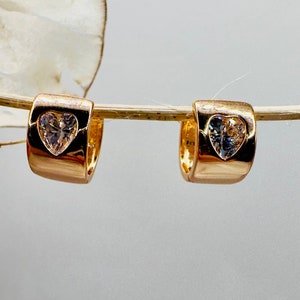 Mini Chunky Snug Hoops with Swarowski Heart, Minimalistic Modern Cartilage Piercing Huggies, Stackable Gold Earrings, Perfect Gift for her