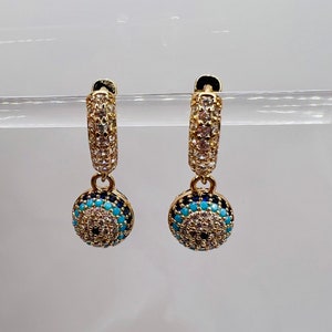 Gold Multicolour CZ paved Evil eye ball dangle hoops, lucky blue eye charm hoops, Turkish Greek colourful eye jewellery, Perfect Gift