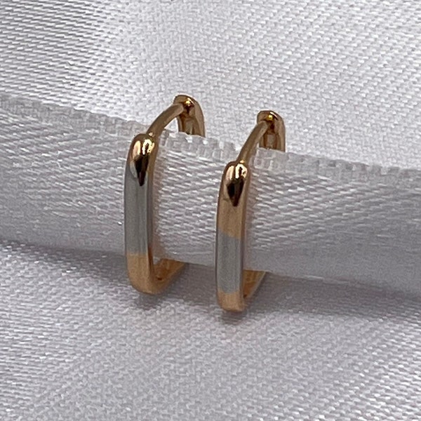 Two-tone Gold Geometric Hoops, Rectangular, 18K Gold Plated Rectangular Earrings, Gift for her, Holiday Sale