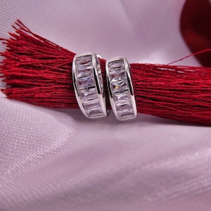 White Gold Baguette Hoop Earrings, 18K Gold Plated, Cubic Zirconia Set in Channel Setting, Gift for her