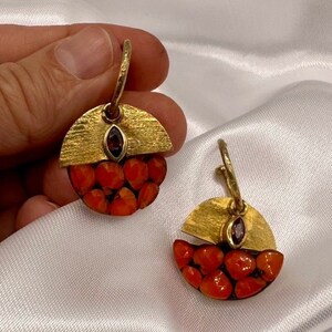 Gold Plated Sterling Silver Multi Gemstone Drop Earrings, Red Garnet and Fire Opal encrusted Disc Dangle Hoops, Handmade Bespoke Design