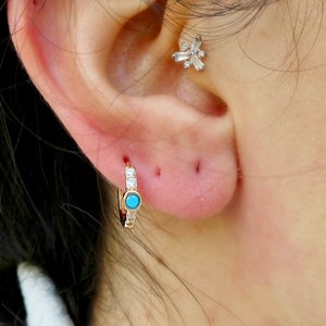 Blue Stone and Zirconia Crystals Huggie Hoop Earrings, Minimalistic Modern Cartilage Stackable Hoops, Jewelry made with love, Gift for her