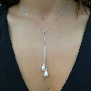 Solid 925 Sterling Silver Teardrop Pearl Lariat Necklace, Double drop pearl necklace, Dainty white pearl dangle on delicate silver chain