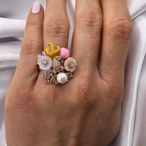 Floral Natural multi Gemstone Silver Ring, Adjustable Flower Design Statement Ring with Birthstones, Pearl, Topaz, Sapphire, Cocktail Ring