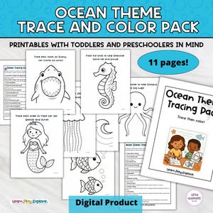Op de afbeelding: Een digitaal "Ocean Theme Trace and Color Pack" voor peuters en kleuters. Het pakket bevat 11 pagina's met afdrukbare traceer- en kleuractiviteiten met zeedieren. De omslag toont twee kinderen die aan het kleuren zijn. De tekst luidt "Digitaal product".