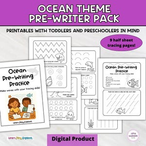 Op de afbeelding: Een digitaal "Ocean Theme Pre-Writer Pack" met traceerpagina's voor peuters en kleuters. Het pakket bevat traceeroefeningen van golven, vormen en zeedieren zoals haaien en vissen. De omslag toont kinderen die tekenen, met de tekst "Digital Product".