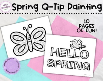 Può includere: Un set di 10 pagine da colorare con i cotton fioc a tema primaverile, stampabili. Le pagine presentano una farfalla, un uccello e le parole "Ciao primavera".