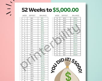 Printable 52-Week Savings Challenge - Instant Download for saving money!