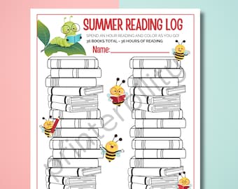 Printable Kids Summer Reading Log - Bookworm & Bees - Instant Download to Track 36 Hours of Reading!