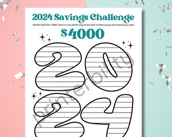 2024 Printable Savings Challenge - Save 4000 dollars! Savings Goal Tracker