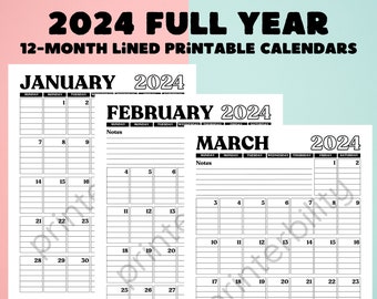 2024 Lined & Dated 12-Month Printable Calendars - Portrait