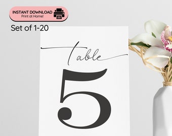 Classic Printable Table Numbers for Weddings & Parties - Set of 20 - 5" x 7"