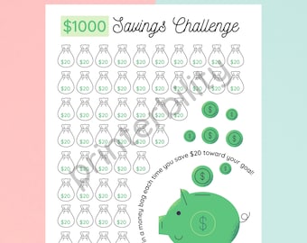 Printable 1000 Dollar Savings Challenge - Instant Download! Save 20 dollars at a time!