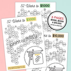 Puede incluir: Hojas de planificación financiera imprimibles con rastreadores de ahorro en forma de panal para objetivos de 3.000 €, 5.000 € y 10.000 €. Cada hoja presenta un plan de 52 semanas con cantidades a ahorrar y el texto "6 PAGES $3000, $5000 & $10,000 DATED & UNDATED!"