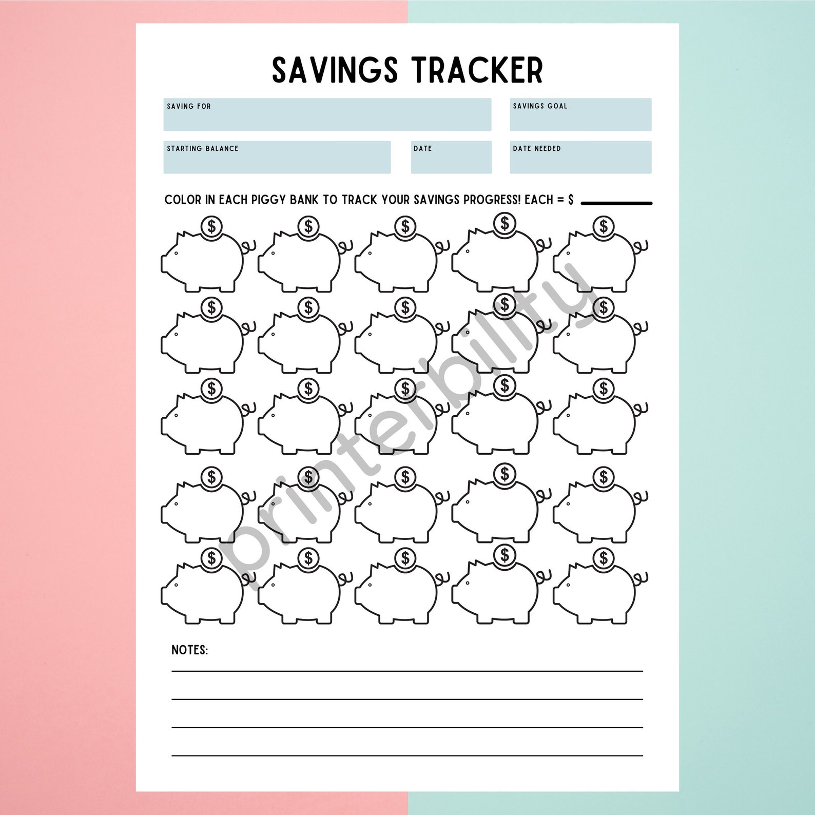 Printable Savings Tracker - Piggy Banks - Fun for Kids! - Etsy