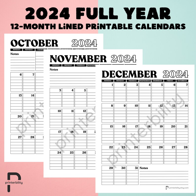 2025 Lined & Dated 12month Printable Calendars Portrait Etsy UK