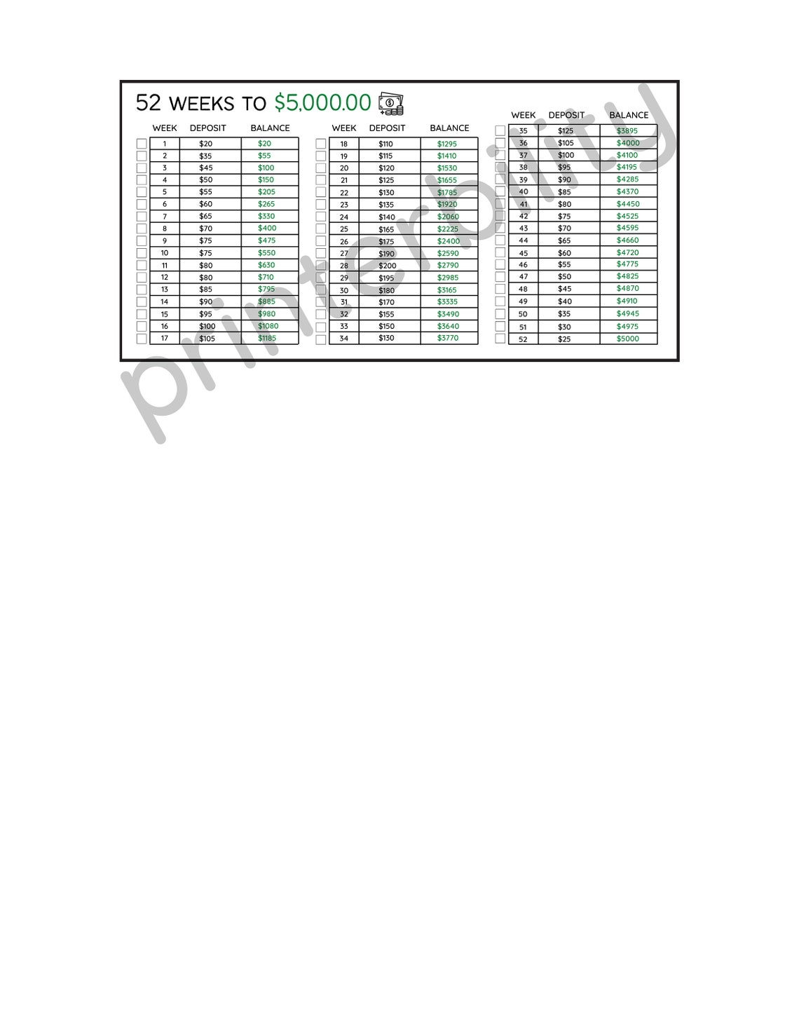 Printable 52 week Savings Challenge Instant Download for Etsy