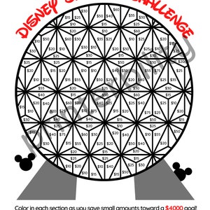 May include: A black and white printable chart with a Disney theme. The chart is shaped like Spaceship Earth at Epcot. The chart is divided into sections with dollar amounts in each section. The text "DISNEY SAVINGS CHALLENGE" is at the top of the chart. The text "Color in each section as you save small amounts towards a &pound;4000 goal!" is at the bottom of the chart.