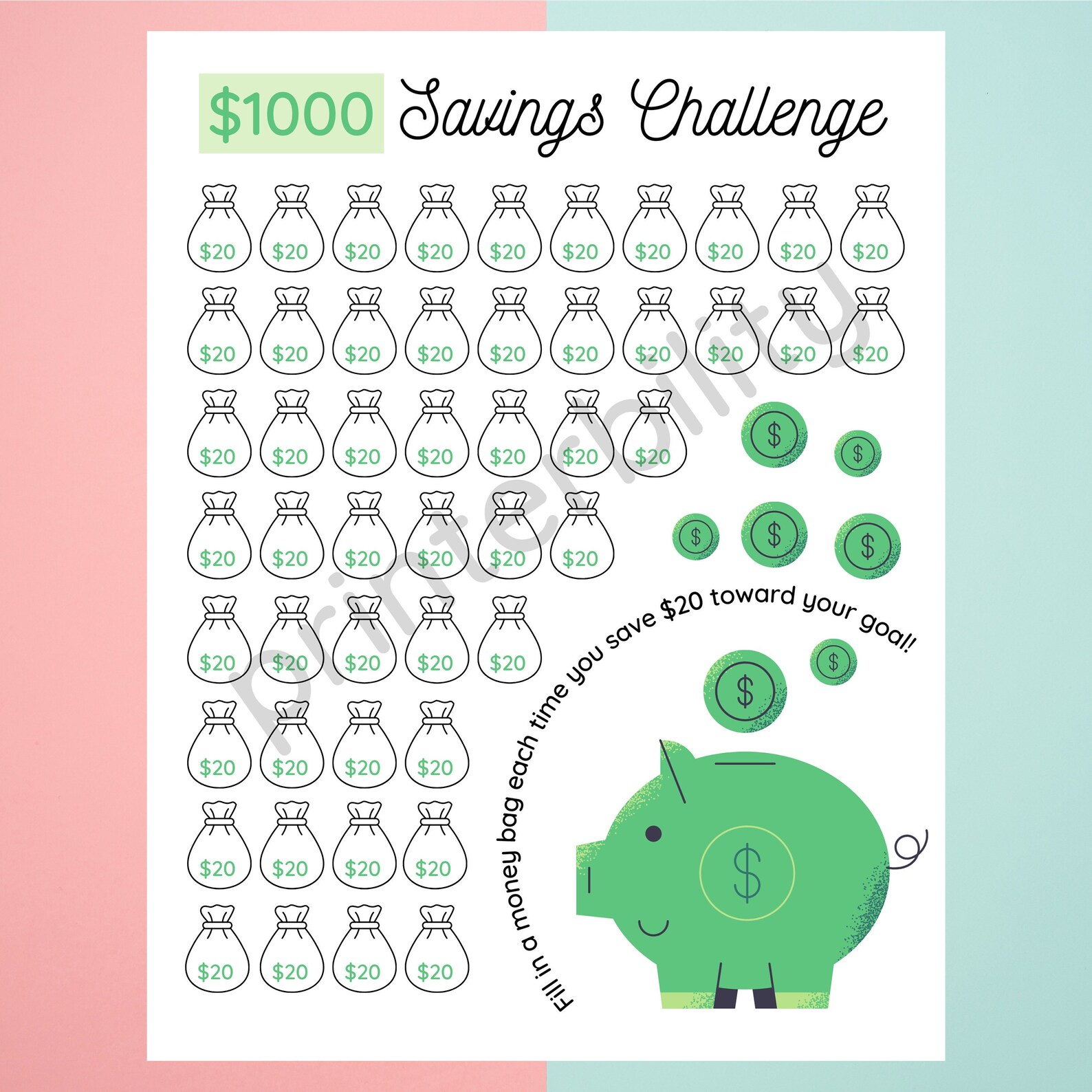 Printable 1000 Dollar Savings Challenge - Etsy
