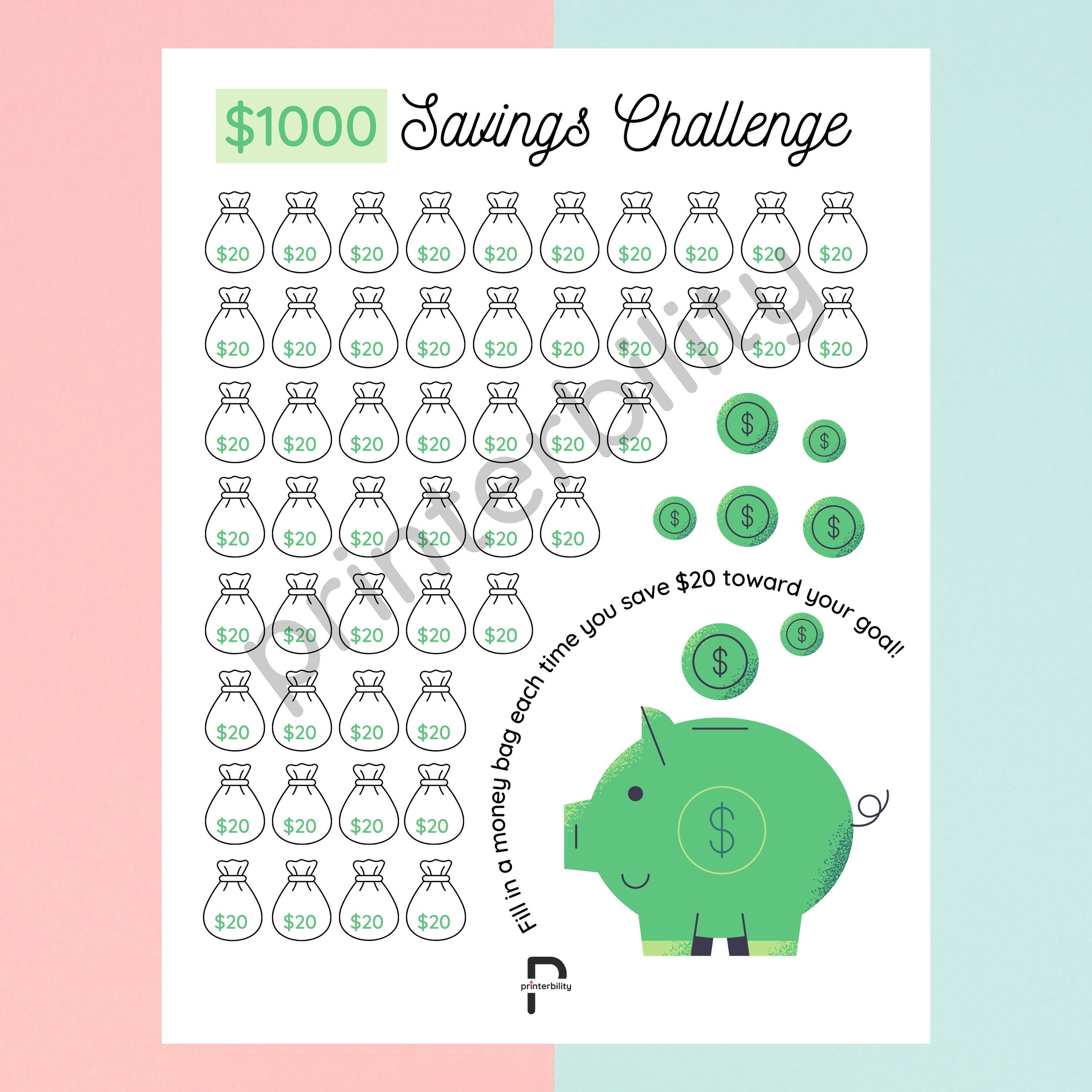 Printable 1000 Dollar Savings Challenge Instant Download Save 20 ...