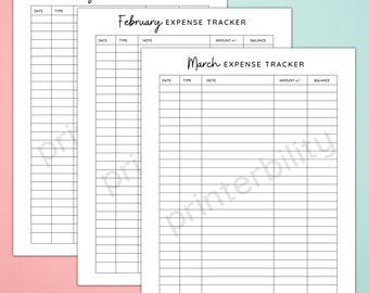 May include: Three white expense tracker sheets for January, February, and March. Each sheet has a grid with columns for date, type, and notes. The February and March sheets include columns for amount and balance. The text "Expense Tracker" is at the top of each sheet.